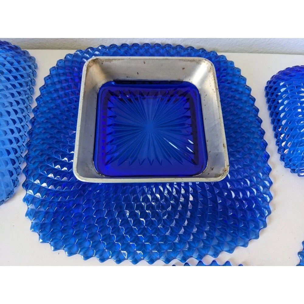 Vtg Cobalt Blue Diamond Point Hobnail Sawtooth Scallop Glass Bowl Platter Plate